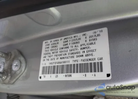 2010 Honda Accord 2.4 Lx-P z USA, uszkodzony, nr VIN 1HGCP2F49AA166111